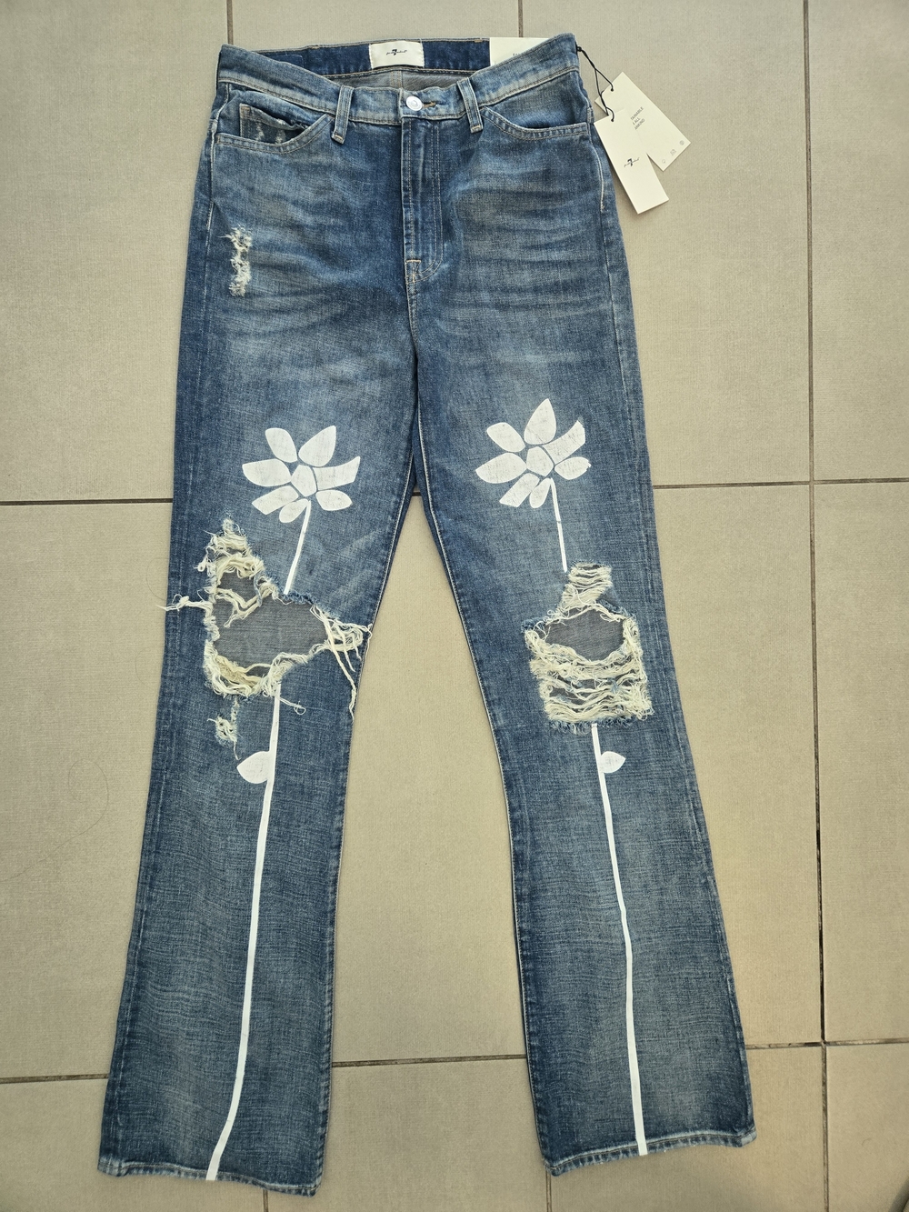 7 For All Mankind Easy Boot Jeans Womens 27 Blue Bootcut Floral Distressed - Picture 3 of 13